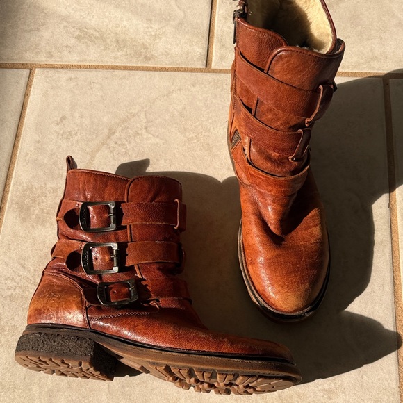 Frye Shoes - Frye Cognac Leather Triple Buckle Boots